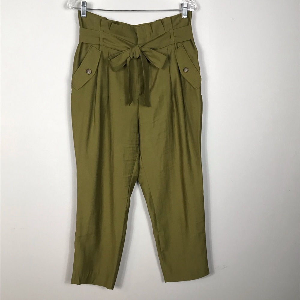 H&M Olive Green High Waist Paper Bag Trouser Pants Tie Belt Loose Fit Size 10